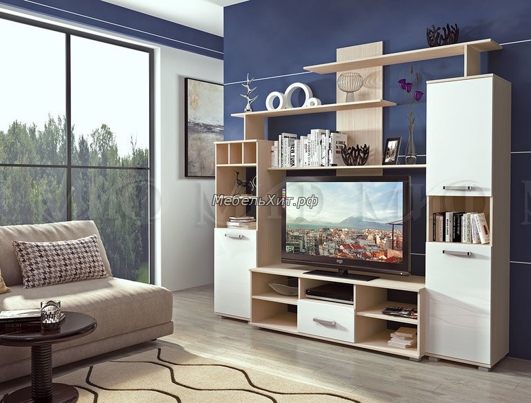 Гостиная Мини-2 (Белый глянец, Дуб Беленый)