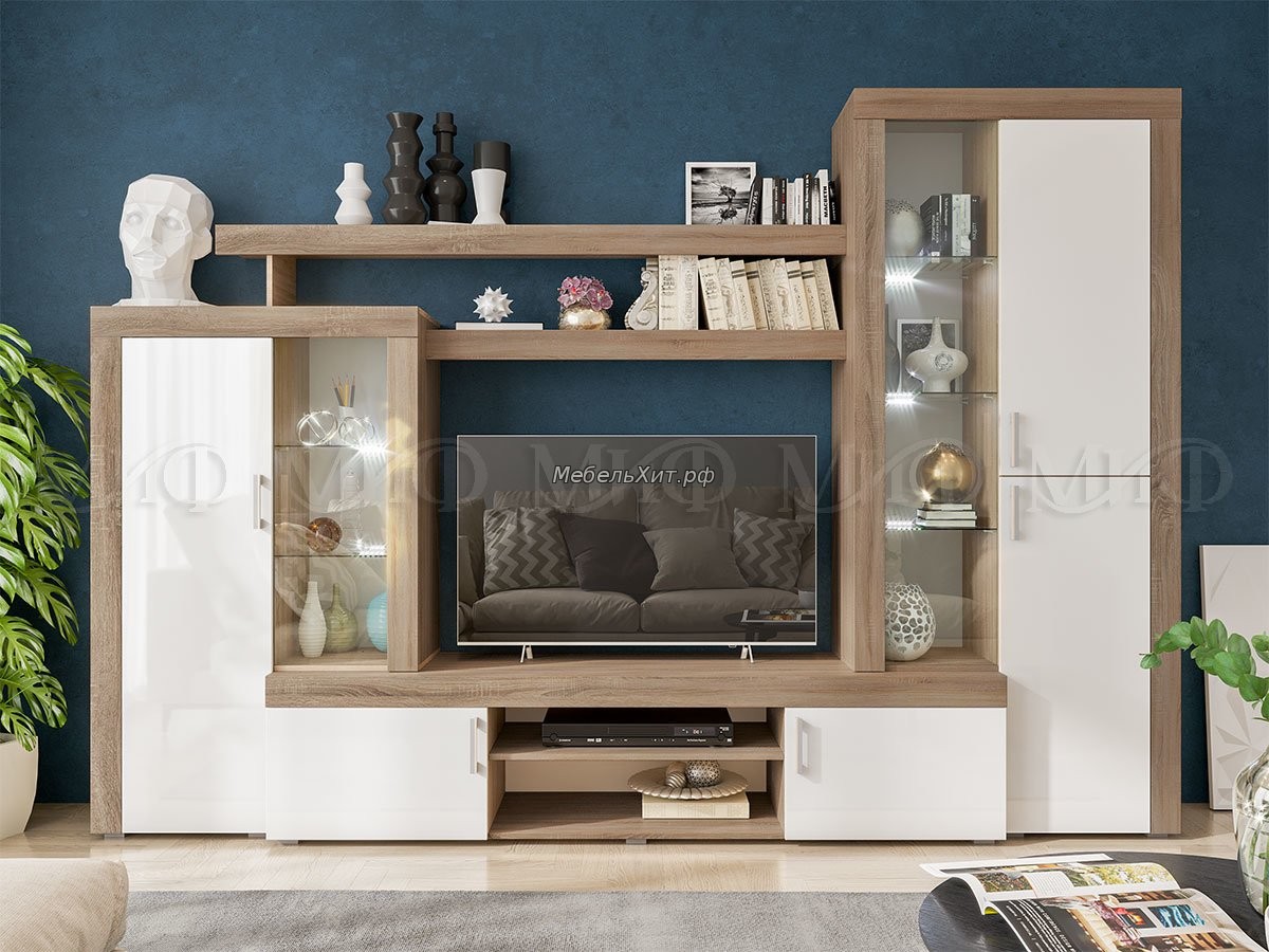 Гостиная Стас (Белый глянец/дуб сонома, дуб сонома)