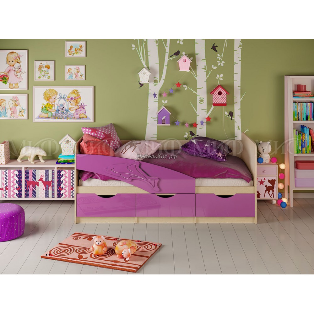 Кровать Дельфин 1,8*0,8м (Фиолетовый металлик, дуб беленый)